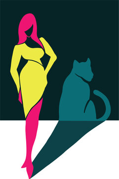 Beautiful girl with a panther. Wild woman concept stylish vector illustration. Elegant nature idea
