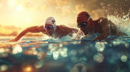 Two elite swimmers competing in a thrilling race, each pushing their limits to win,