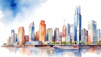 Watercolor Hand Drawing of City Commerce: Capturing the Energy of Trade and Economy in Business Exposure Photo Stock Construction Concept