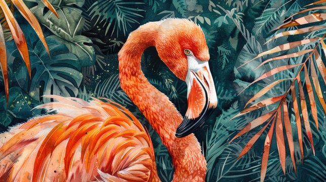 A vibrant painting of a flamingo in a tropical environment. Ideal for nature and wildlife themed designs