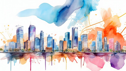 Dynamic Watercolor Cityscape: Vibrant Business Hub with Dynamic Activities and Innovation Overlay, Construction Concept - Stock Photo
