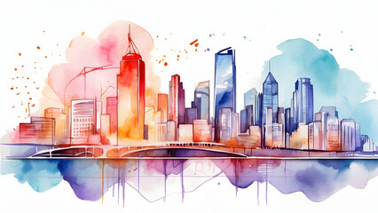 Vibrant Watercolor Cityscape Illustration Portraying Dynamic Business Activities Overlaid on Urban Landscape, Showcasing Innovation Hub - Business Exposure in Construction Concept