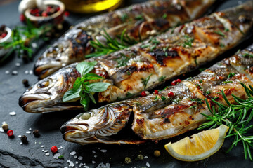 grilled fish with herbs and spices on a dark background. food concept for a restaurant or menu design