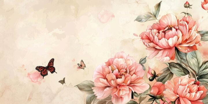 Beautiful painting of pink flowers with a butterfly, perfect for home decor