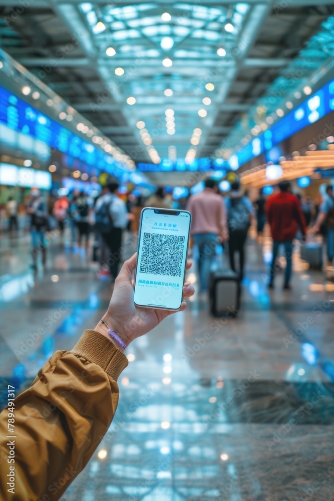 Poster A person holding up a smart phone displaying a QR code. Suitable for technology and communication concepts
