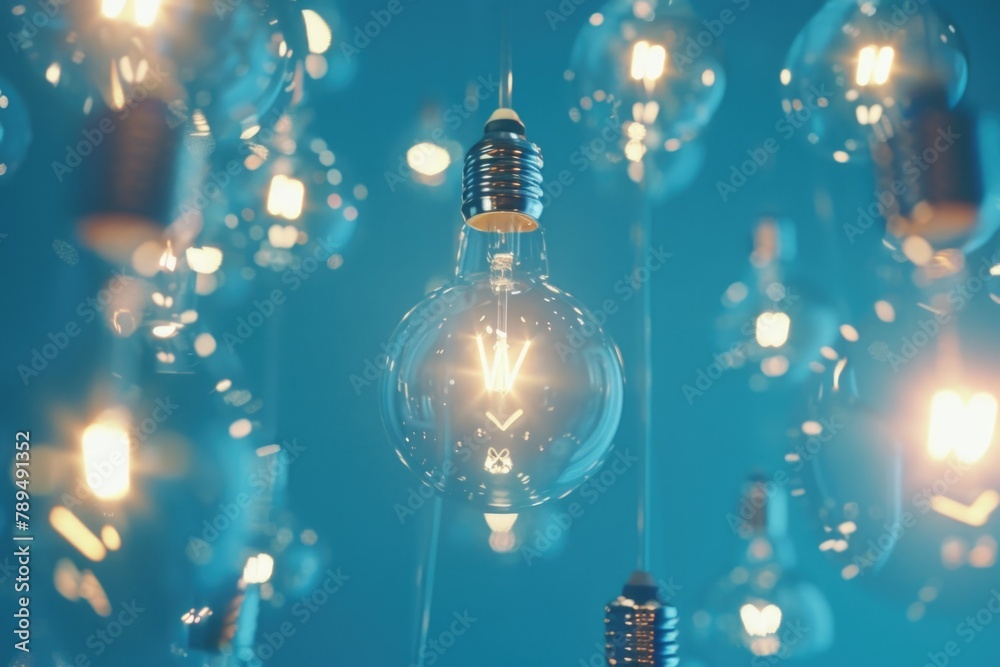 Poster a cluster of light bulbs suspended from a ceiling. ideal for interior design projects