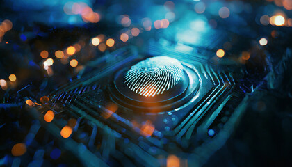 A fingerprint merges with digital circuits, symbolizing secure biometric technology - obrazy, fototapety, plakaty