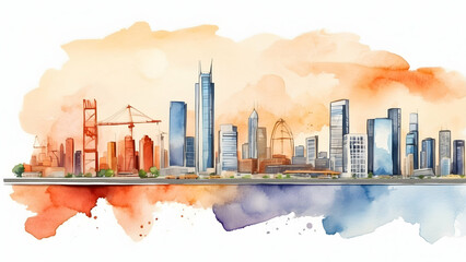 "Watercolor Corporate Horizon: Blend of Icons and City Horizons, Symbolizing Endless Business Possibilities" - Stock Photo of Construction Concept