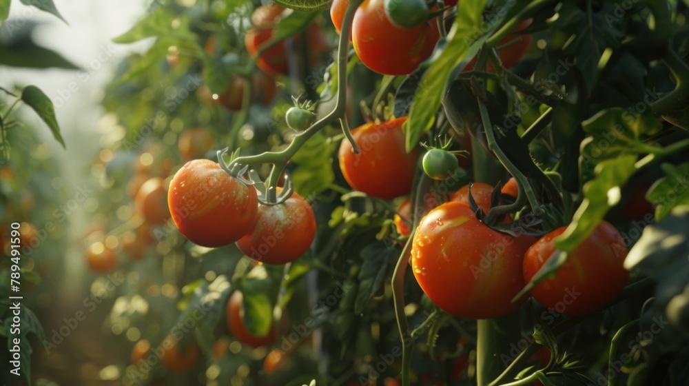 Poster fresh ripe tomatoes hanging from a tree. ideal for food and agriculture concepts