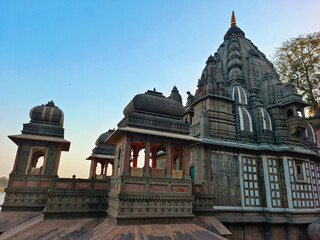 Maheshwar, Madhya Pradesh, India, 24 Feb 2024, Beautiful carvings and sculptures on the wall of...