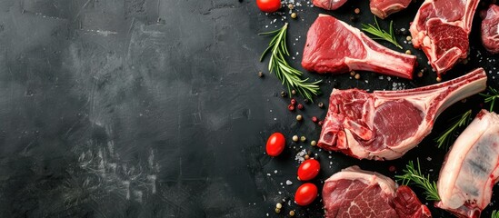 Assortment of different raw cuts of lamb with space for text