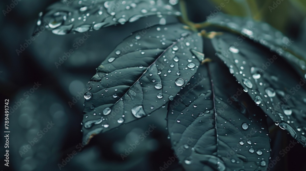 Poster detailed view of a leaf covered with water droplets. perfect for nature and macro photography projec