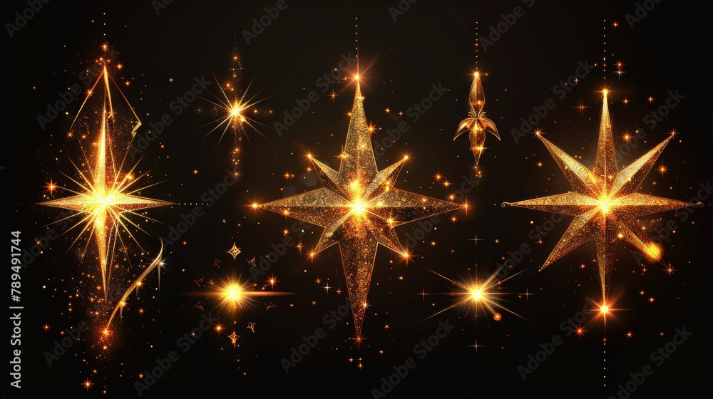 Aufkleber This set of glow light effect stars bursts with sparkles is isolated on a black background and would be suitable for template art design, banners for celebrations, magic flash energy rays.