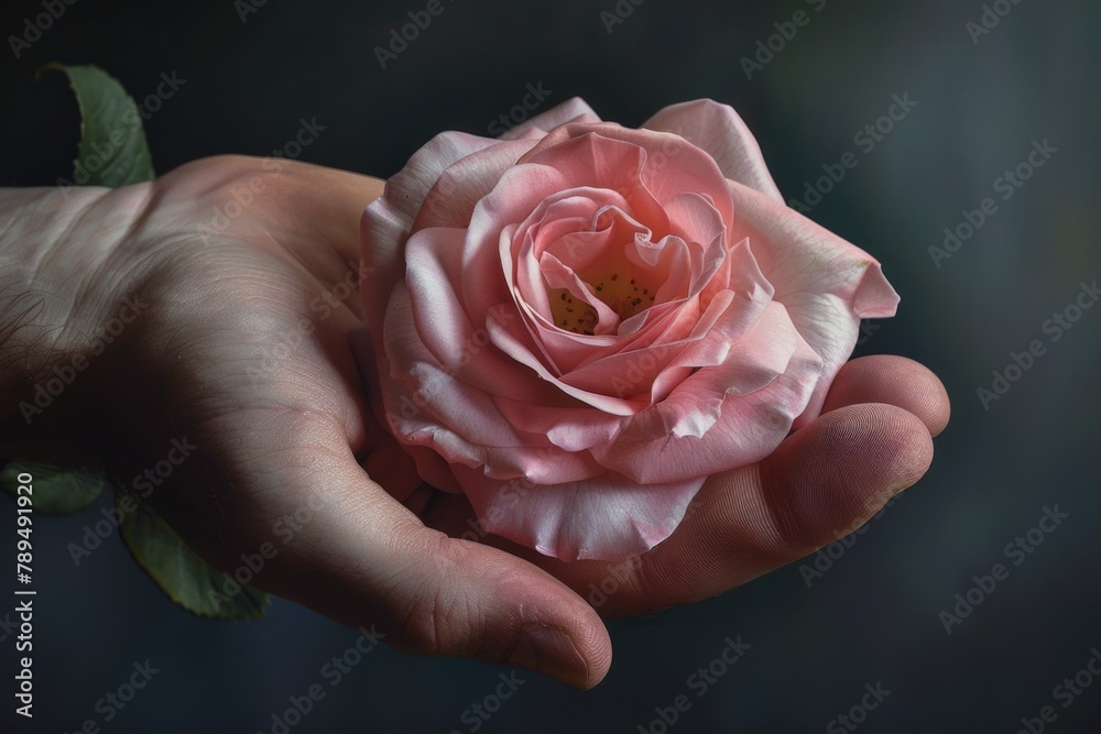 Poster A person holding a pink rose. Suitable for various occasions