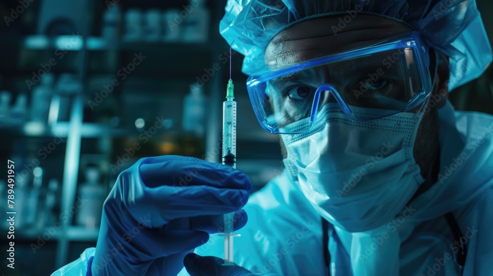 Poster a man in a lab coat and goggles holding a syringe. suitable for medical and science concepts
