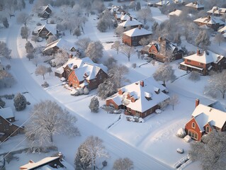 A snowy street with houses and a tree in the background. The houses are all different sizes and styles, but they all have roofs covered in snow. The street is empty