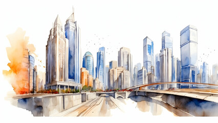 Vibrant Watercolor Hand Drawing of Metropolis Business Momentum, Capturing Every Second Counts in the Heart of the City - Business Exposure Photo Stock Construction Concept