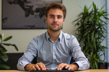 Young handsome man, office worker, working at a computer with graphics, sitting at a table, typing on the keyboard, explains, Generative AI - Powered by Adobe