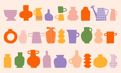 Cutout simple pottery vector illustration set. Flowers vase, pot, jug, watering, can, bottle clipart