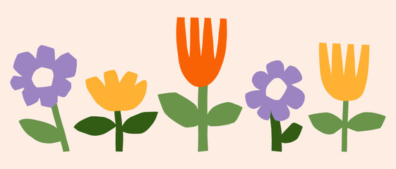 Paper cut style flowers illustration set. Simple spring florals, tulip, daisy vector graphic