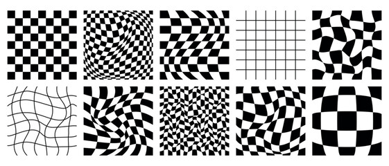 Groovy psychedelic monochrome checkerboard vector backgrounds set. Retro 70s abstract wavy checkered patterns