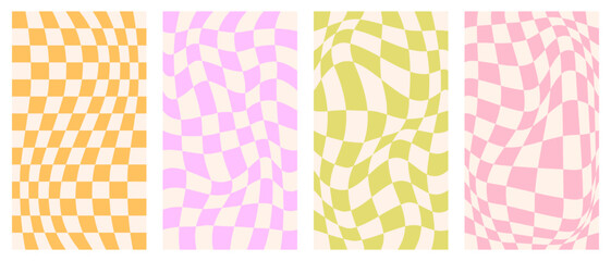 Retro psychedelic checkerboard social media backgrounds set. Groovy wavy y2k checkered vector prints