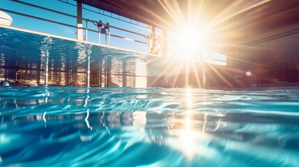 The sun casts sparkling reflections on the tranquil, clear water of an Olympic-sized swimming pool, inviting peak performance - obrazy, fototapety, plakaty