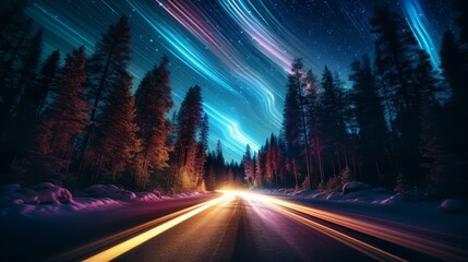 The Northern Lights cast a mystical glow over a winding road lined with pines, car trails captured in long exposure under a starry sky