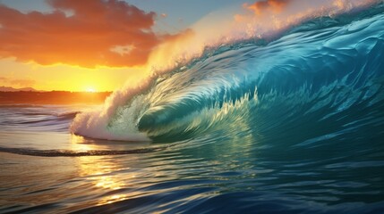 The sun rises over a tropical coast where a giant blue wave dramatically breaks, perfect for a summer surfing banner, rendered in photo-realistic