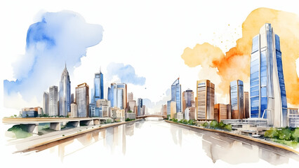 Vibrant Watercolor Hand Drawing: Uniting Metropolitan Landscape and Business Ethos in a Powerful Visual Statement - Business Exposure Photo Stock Construction Concept