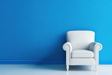 white armchair against a blue wall background