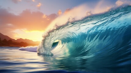 The sun rises over a tropical coast where a giant blue wave dramatically breaks, perfect for a summer surfing banner, rendered in photo-realistic