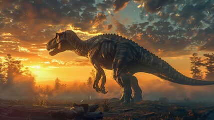 Tyrannosaurus is a genus of large theropod dinosaur on sunset background - obrazy, fototapety, plakaty
