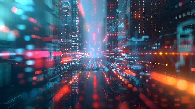 digital art background city night view with Glow lighting move forword camera