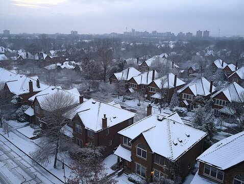 A snowy residential area with houses covered in snow. The houses are all lined up and appear to be empty. The sky is cloudy and the snow is falling