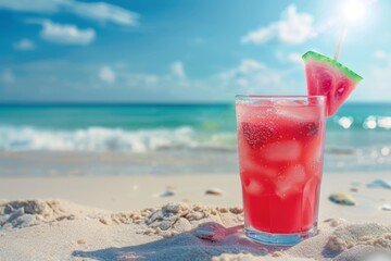 Icy watermelon cocktail in transparent glass on sunny shore for a refreshing beach experience