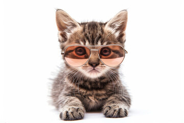 Adorable kitten sporting stylish sunglasses against a white background.