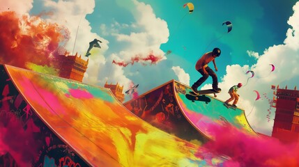 Urban Flight: A Skateboarding Symphony in Color