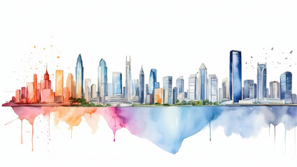 Visionary Business Strategy: Watercolor Skyline Illustration of Future City Expansion - Construction Concept