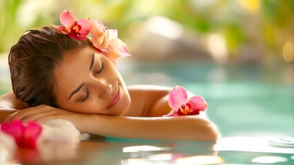 A woman with pink orchid flowers enjoying and relaxing in the luxury spa
