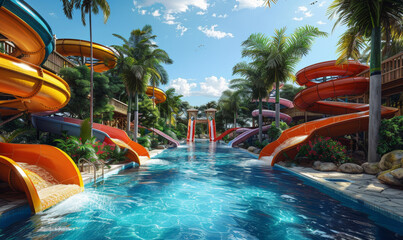 Beautiful summer waterpark with awesome creative waterslides