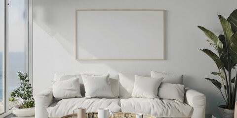 Horizontal picture frame for wall art mock up. Modern living room with white couch and table.