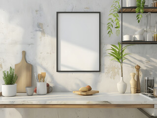 Vertical black picture frame for wall art mock up hanging above countertop. Trendy kitchen interior.