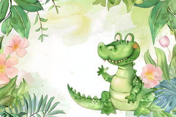Cute cartoon crocodile border on background in watercolor style.