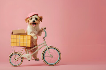 Cute dog posing in delivery man on bicycle on pastel background.