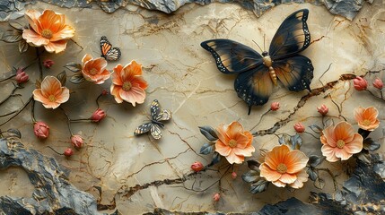 panel wall art, marble background with flowers designs and butterfly silhouette, wall decoration