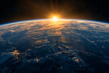 Sunrise graces the Earths horizon in space, casting a breathtaking glow over the planets surface - obrazy, fototapety, plakaty