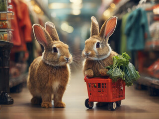 A family of rabbits in a store with carts makes purchases. - obrazy, fototapety, plakaty