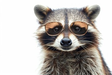 Raccoon wearing gold-rimmed glasses isolated on white background.