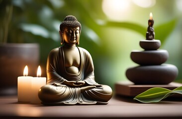 Photo a Buddha statue in a meditation pose with a lit candle next to it. Buddha and meditation for printing on a banner, yoga studio.